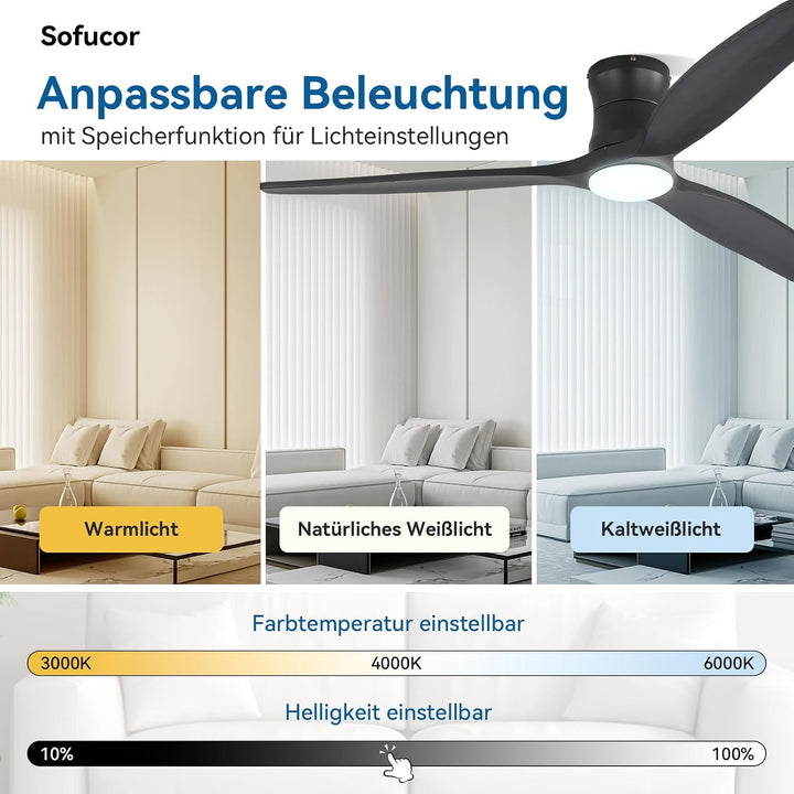 Sofucor 132cm Deckenventilator mit Beleuchtung,Massivholz Deckenventilator mit Licht und Fernbedienu