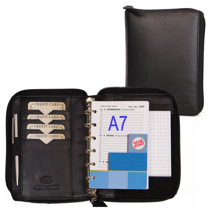ALMADIH Leder A7 Organizer mit Reissverschluss Kalender 2024 Notizblock Premium Rindsleder Schwarz i
