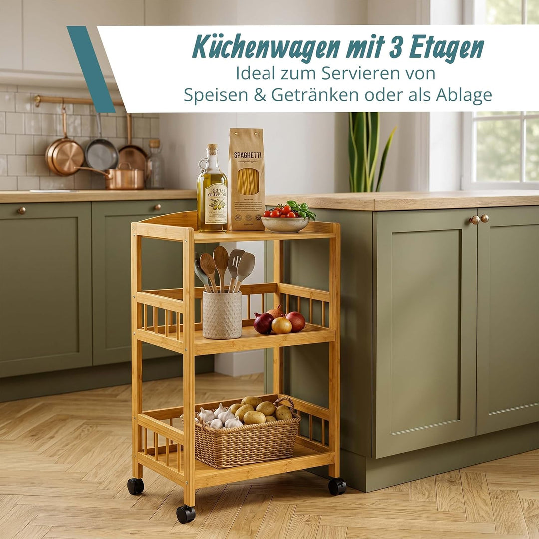 Relaxdays Servierwagen, Bambus, HxBxT: 80 x 53 x 30 cm, 3 Etagen, Natur | Rollregal für Küche &amp; Wohn