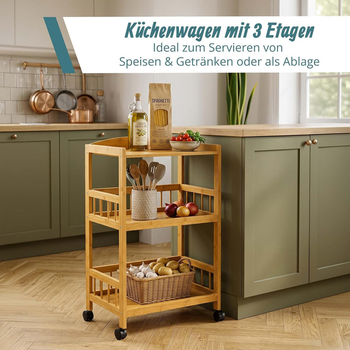 Relaxdays Servierwagen, Bambus, HxBxT: 80 x 53 x 30 cm, 3 Etagen, Natur | Rollregal für Küche &amp; Wohn