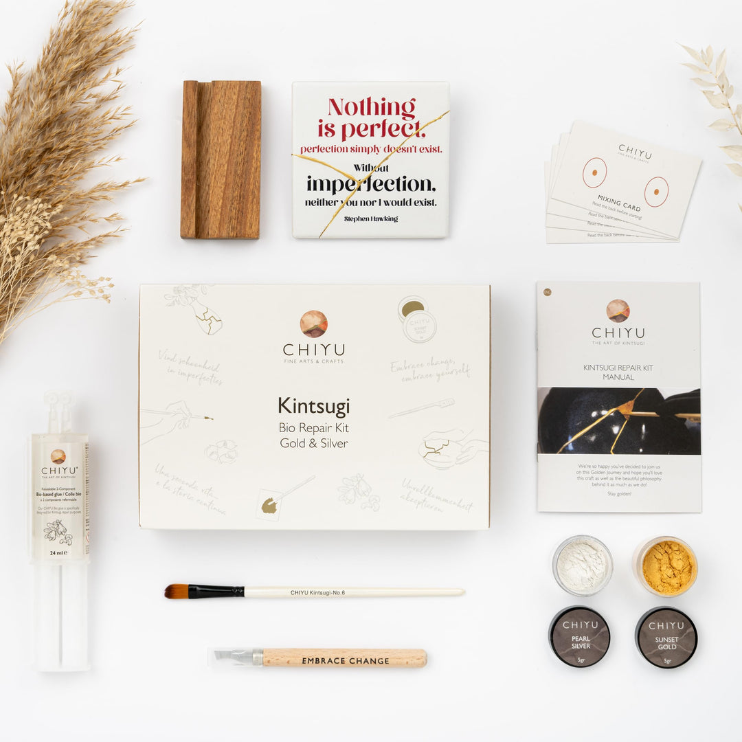 CHIYU Bio Kintsugi Reparatur Set: Bio Repair Kit - Gold & Silber – Goldkleber - Biobasiert – Lebensm