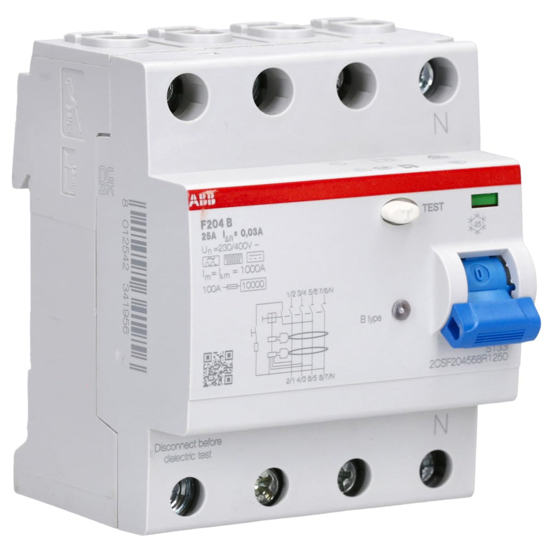 ABB F204 B-25/0.03 FI-Schutzschalter Typ B – RCD 4-polig 25 A 30 mA 10 kA allstromsensitiv 4TE für P