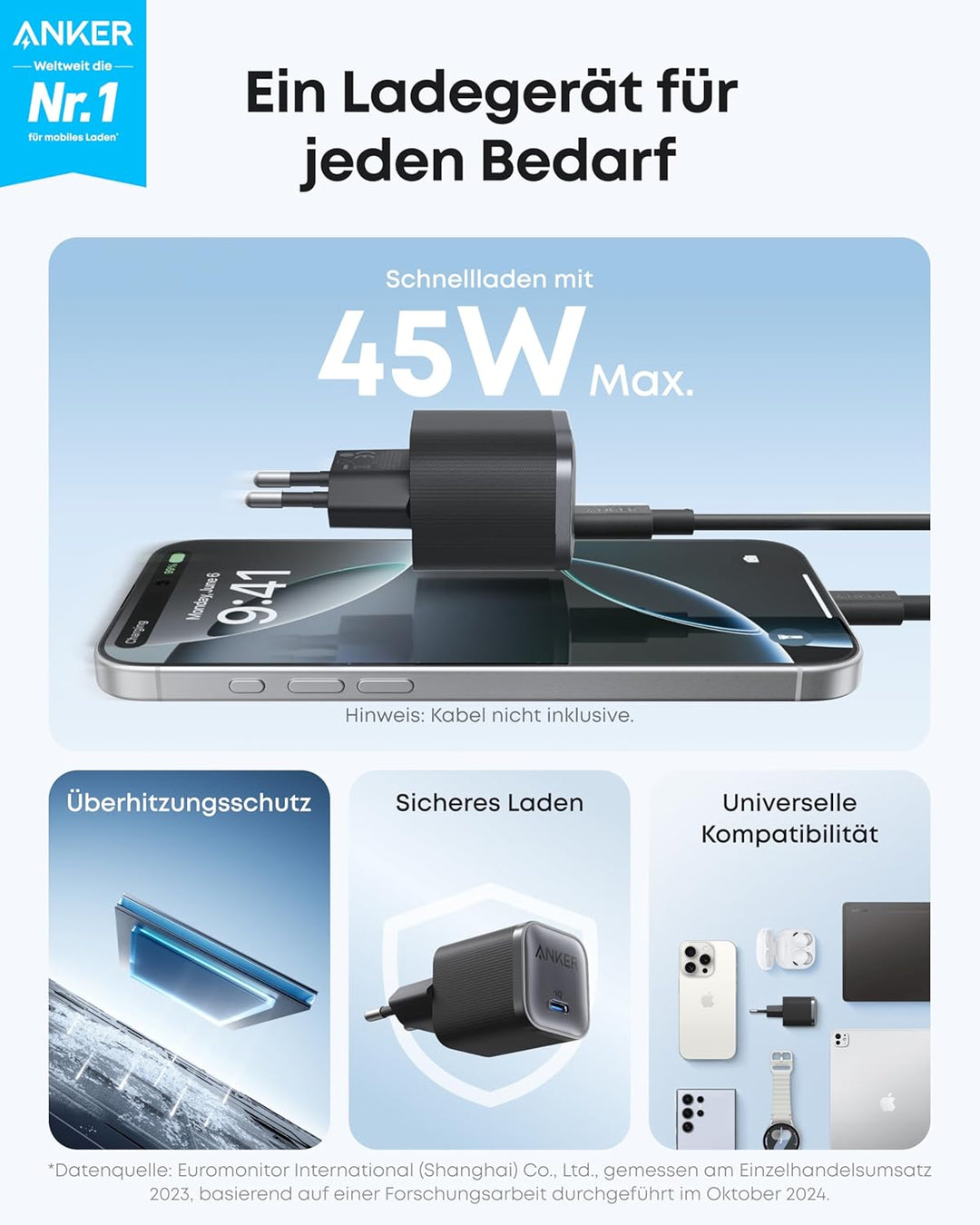 Anker Nano 45W USB C Ladegerät, kompakter Netzteil, Schnellladegerät für iPhone 17/Pro/Pro Max/iPhon