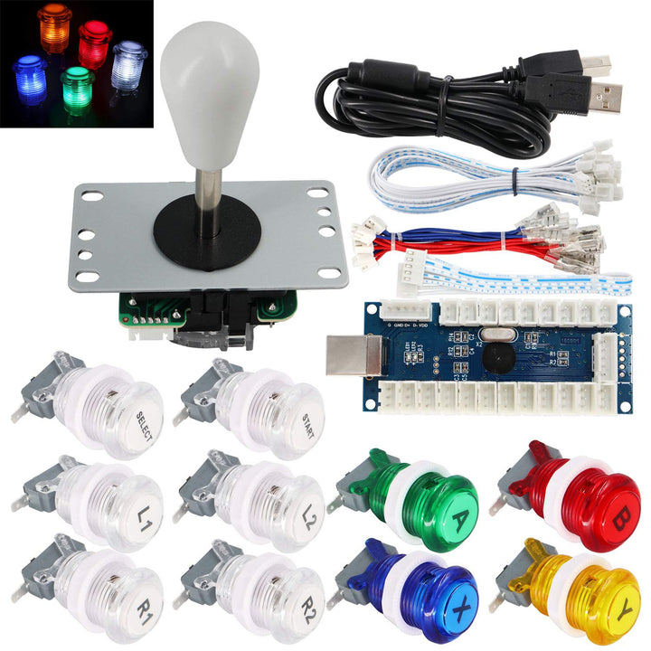 SJ@JX Arcade Game Stick DIY Kit Buttons with Logo LED 8 Way Joystick USB Encoder Cable Controller fo
