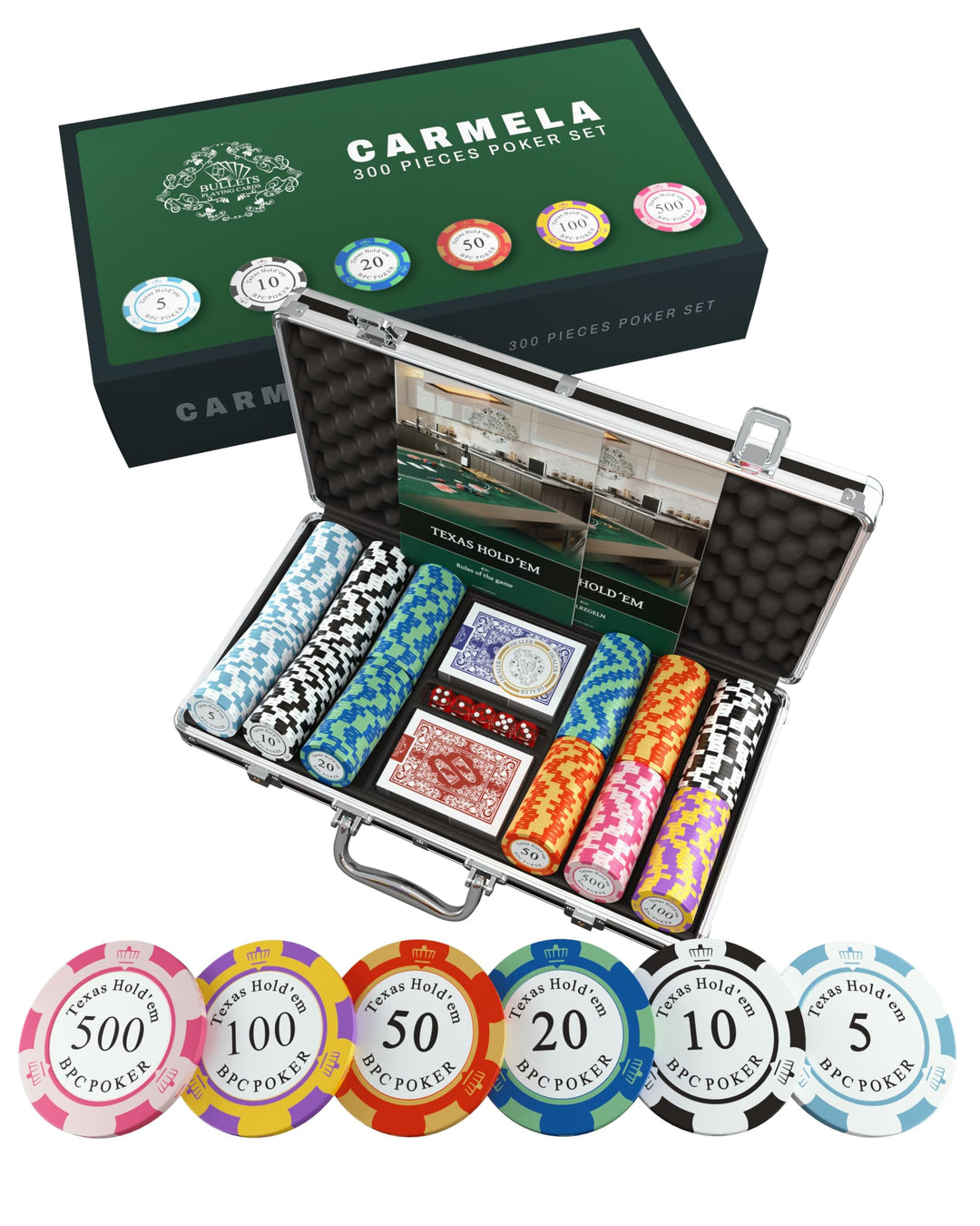 Bullets Playing Cards | Pokerkoffer „Carmela“ mit 300 Clay Pokerchips 14g | Pokerset mit Karten, Wür