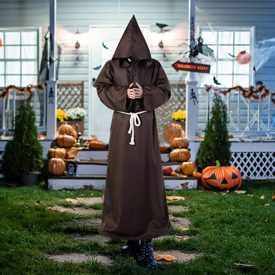Wishstar Mönch Robe, L Mittelalterliche Renaissance Robe, Kostüm Mönch mit Kapuze und Kordel, Braun