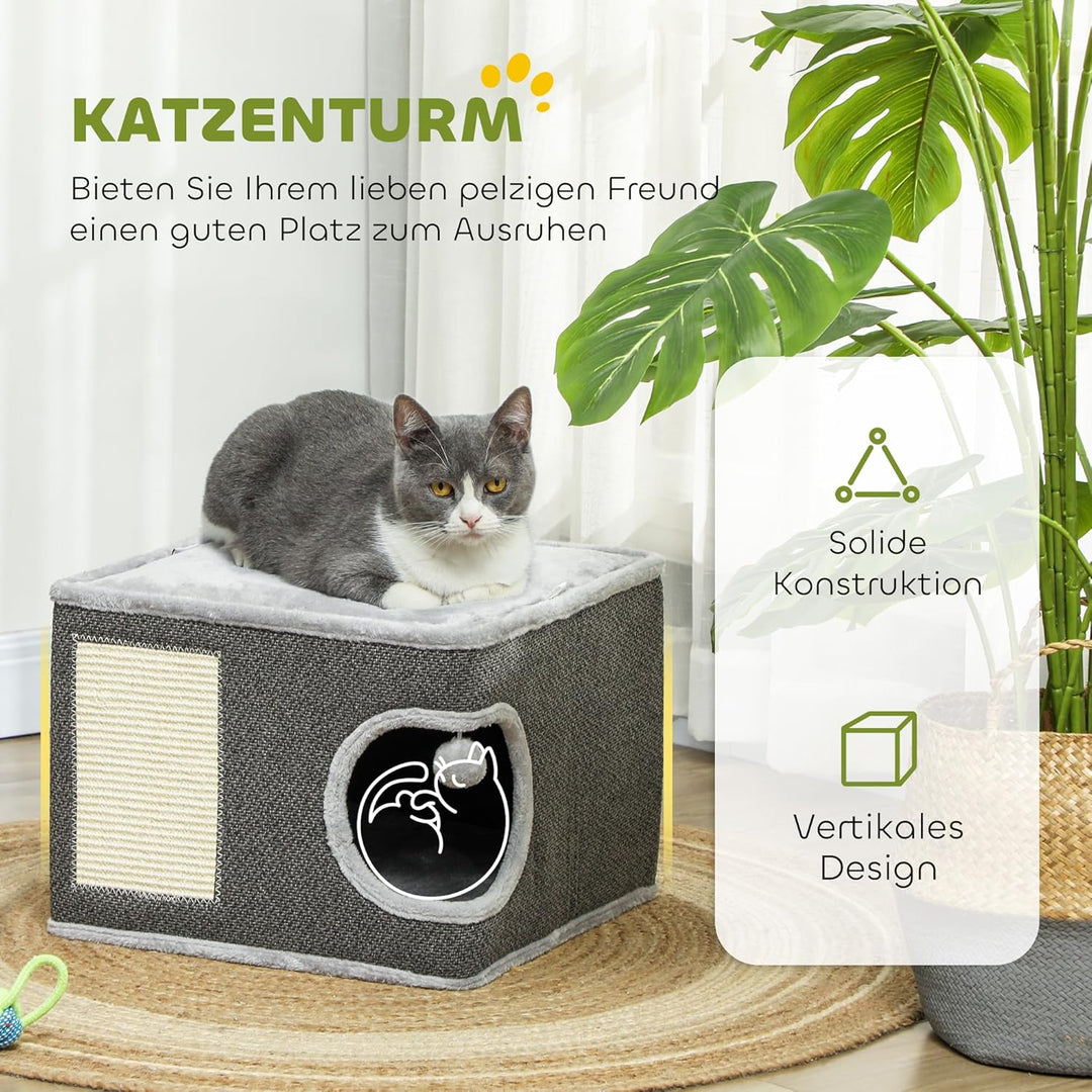 PawHut Kratztonne, 35 cm hoch Katzentonne mit Höhle, Kratzbaum mit Spielball, Katzenturm aus Sisal,
