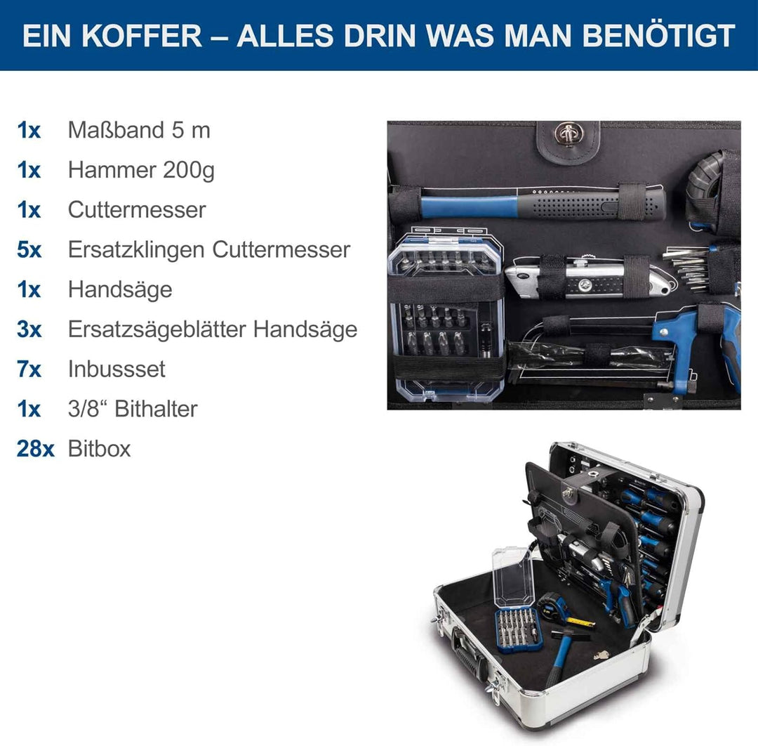 Scheppach TB150 Aluminium Werkzeugkoffer gefüllt 101-tlg Werkzeug Set | Werkstattkoffer mit Schraube