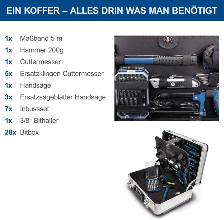 Scheppach TB150 Aluminium Werkzeugkoffer gefüllt 101-tlg Werkzeug Set | Werkstattkoffer mit Schraube