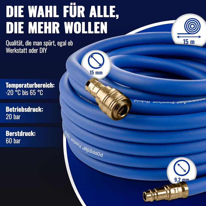 Poppstar Druckluftschlauch 15 m (Hybrid PVC mit Gewebe, Innendurchmesser 9,2mm mit Schnellkupplung &amp;