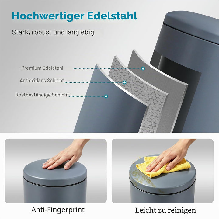 Mülleimer 30L Treteimer mit Softclose-Deckel und Pedal, Grau | 30L Edelstahl Treteimer, Rund, Müllei