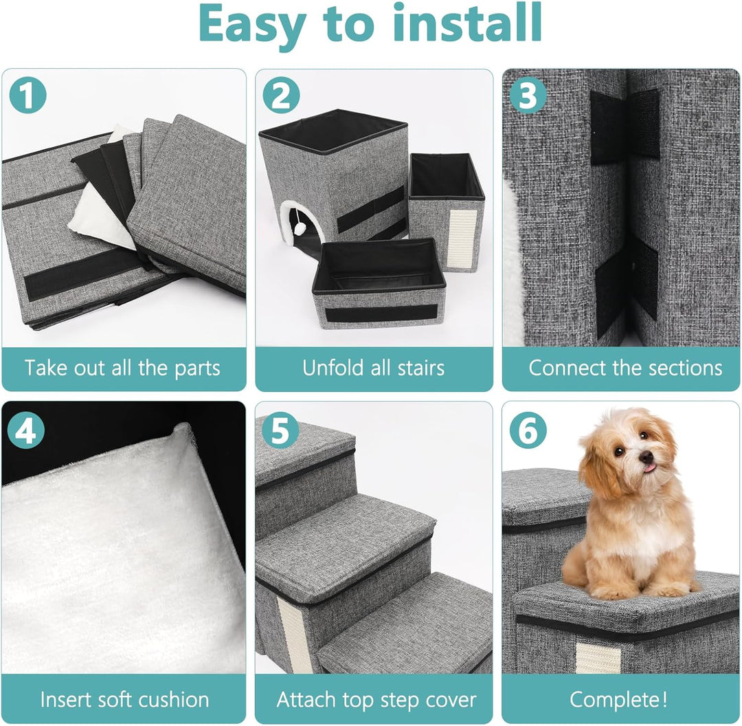 Newthinking Hundetreppe 3 Stufen mit Stauraum, rutschfeste & Faltbare Treppe für kleine Hunde, älter