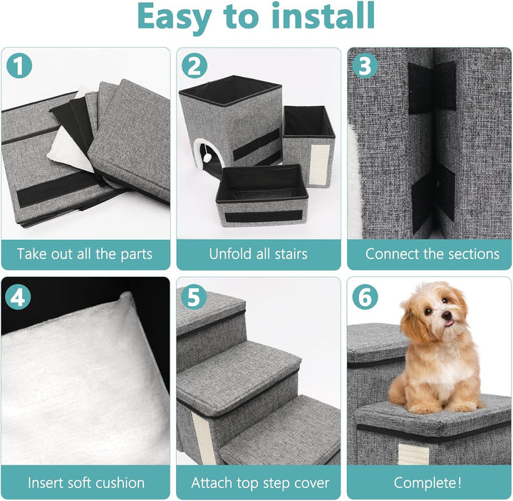 Newthinking Hundetreppe 3 Stufen mit Stauraum, rutschfeste & Faltbare Treppe für kleine Hunde, älter