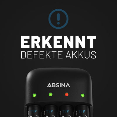 ABSINA Akku Ladegerät AA AAA & 9V Block inkl. 4X AAA 1150 Akkus - NiMH Ladegerät Akku Batterien 4-Fa