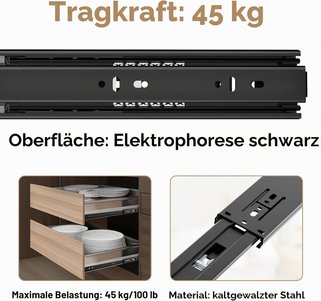 AOLISHENG Schubladenschienen 350 mm, Vollauszug mit Push to Open Funktion für Küchenschubladen, 45 k