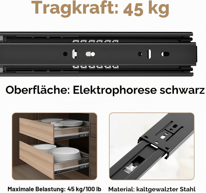 AOLISHENG Schubladenschienen 350 mm, Vollauszug mit Push to Open Funktion für Küchenschubladen, 45 k