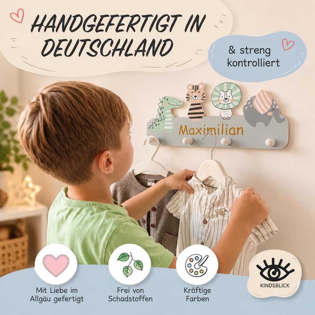 Garderobe mit Wunschname inkl. DIN A4 Poster - Personalisierte Kindergarderobe mit 4 Kleiderhaken fü