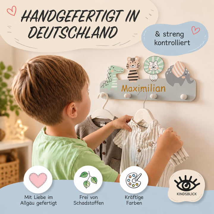 Garderobe mit Wunschname inkl. DIN A4 Poster - Personalisierte Kindergarderobe mit 4 Kleiderhaken fü