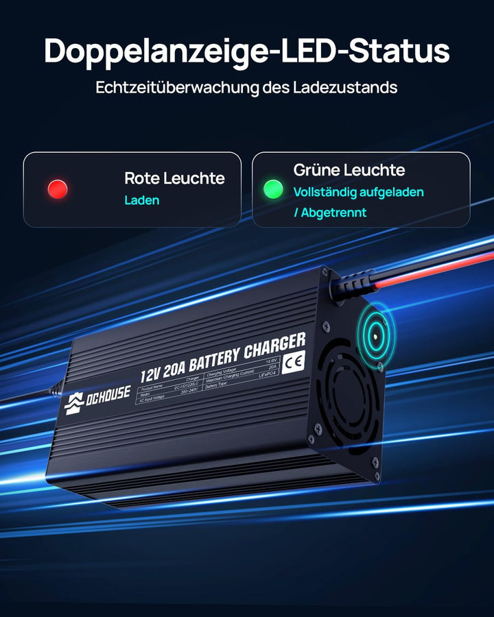 DCHOUSE 12V 20A Lithium Batterie Ladegerät 14.6V LiFePO4 Batterieladegerät mit Batterie-Schnellansch