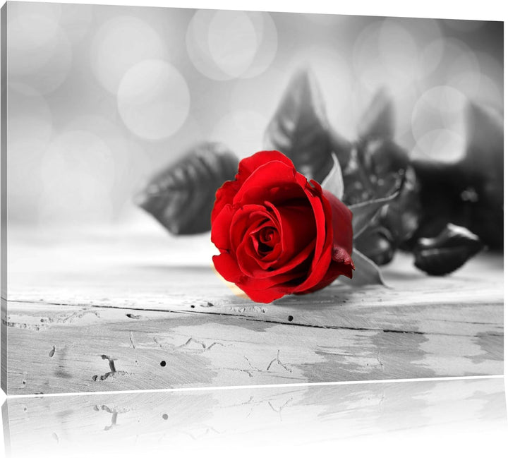 schöne Rose auf altem Holztisch schwarz/weiss Format: 100x70 auf Leinwand, XXL riesige Bilder fertig