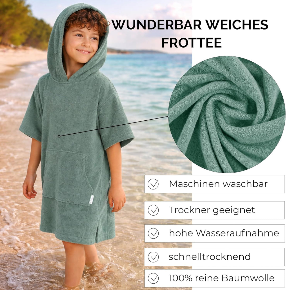 Frottee Badeponcho Kinder Jungen - Mädchen Surf Poncho 100% Baumwolle Strandponcho Handtuch mit Kapu