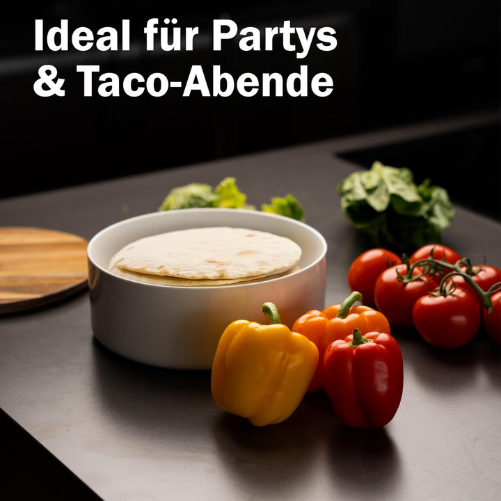 Tortillada - 23,5 cm Tortilla Wärmer mit Holzdeckel, Keramik Tortilla Warmer, Wrap Wärmer - Für Mikr