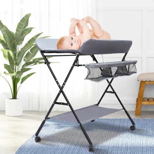 Baby Wickelkombi Klappbare Wickelkommode Mobile Wickeltisch Kinder Wickelauflage (Dunkelgrau mit Räd
