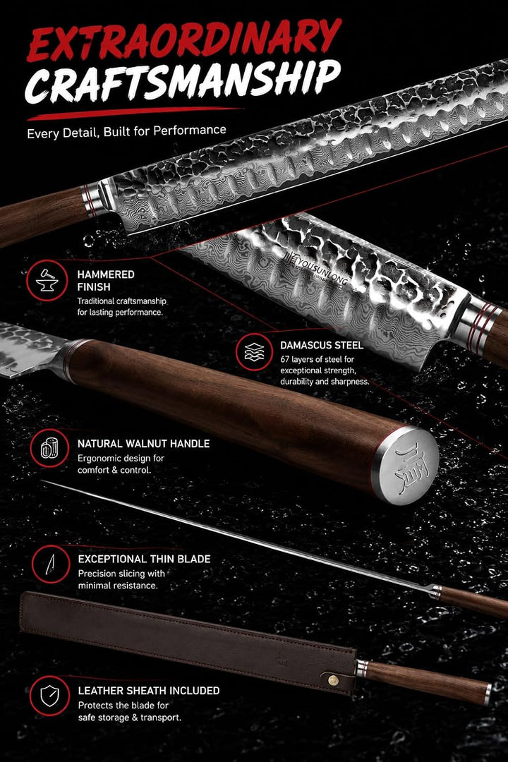 YOUSUNLONG Sakimaru-Messer 590mm Ultra Yanagiba - Japanische Hammer Damaststahlklinge - Natürlicher