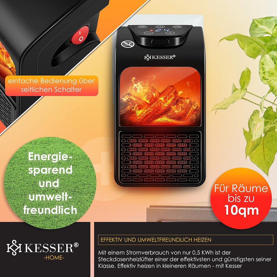 KESSER® Steckdosen Heizlüfter Energiesparend Mini mit Kaminfeuereffekt Fernbedienung LCD Display Ker