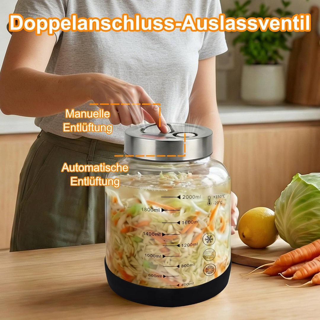 Fermentierglas 2 Liter mit Deckel: Doppelanschluss-Auslassventil Gärglas für Haushaltsfermenter- Sau
