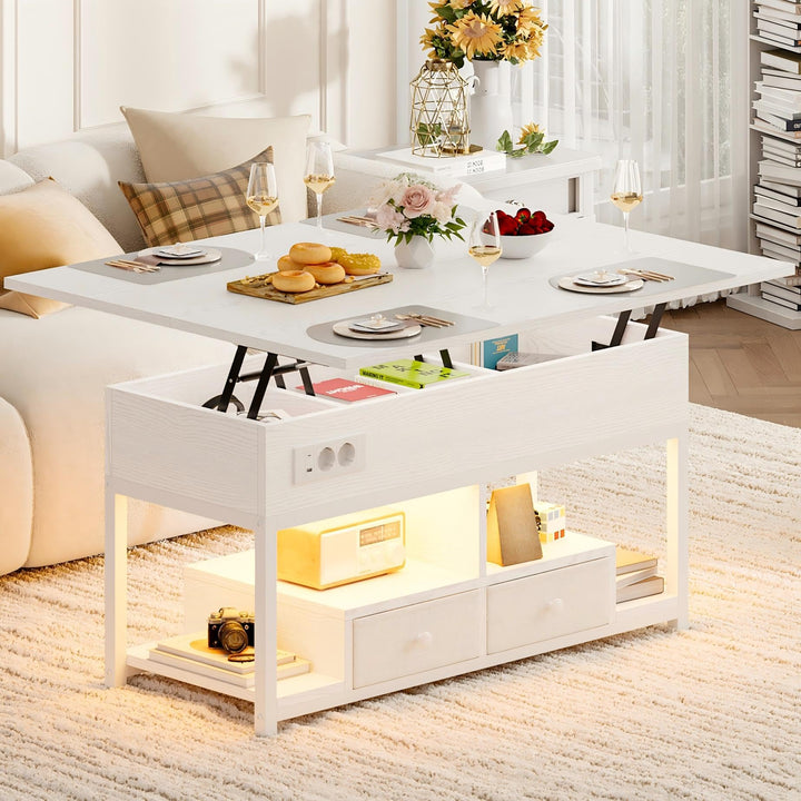 IRONCK Couchtisch höhenverstellbarer Wohnzimmertisch mit LED Beleuchtung und Steckdosen, 2 AC,1 USB