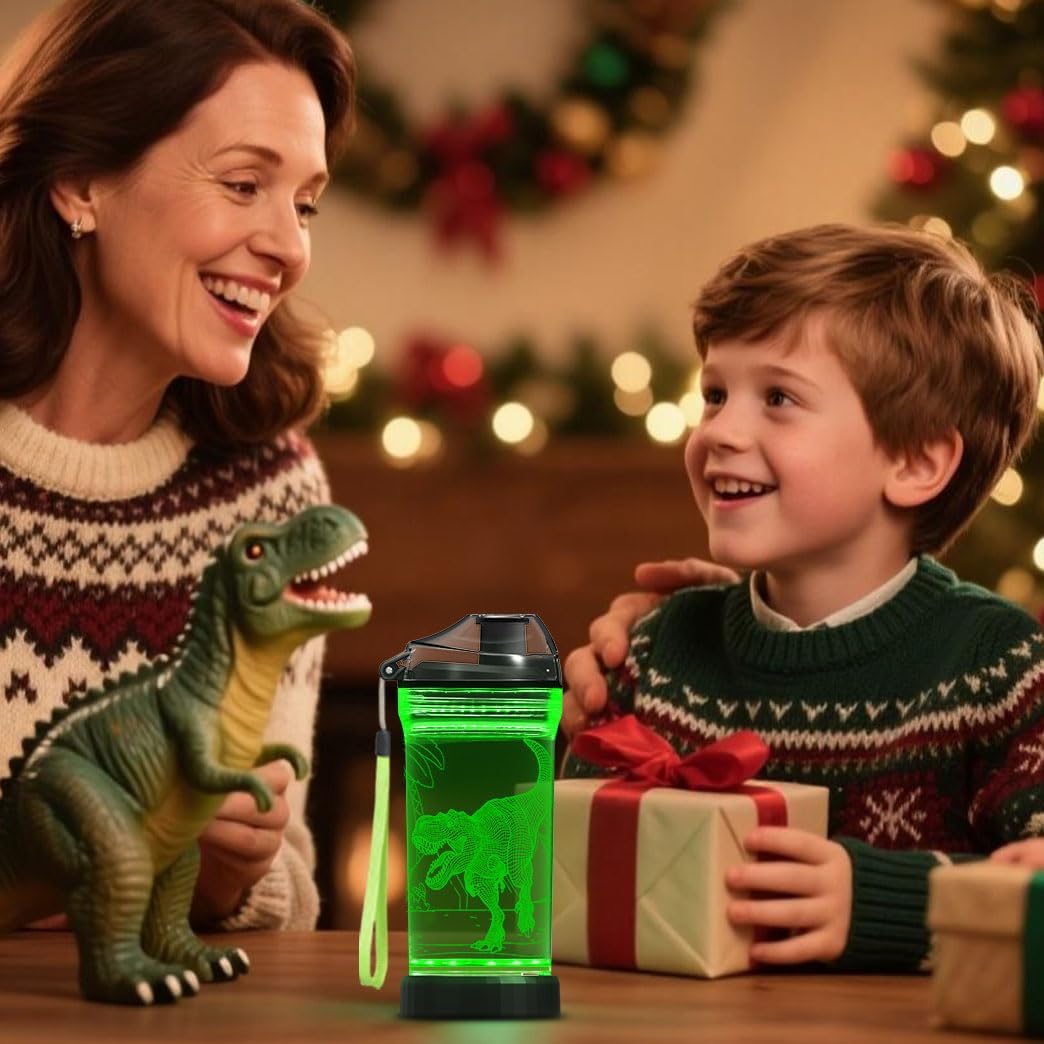 Lightzz Kids Wasserflasche mit 3D leuchtendem Dinosaurier LED Licht - 14 OZ Tritan BPA Free - Kreati