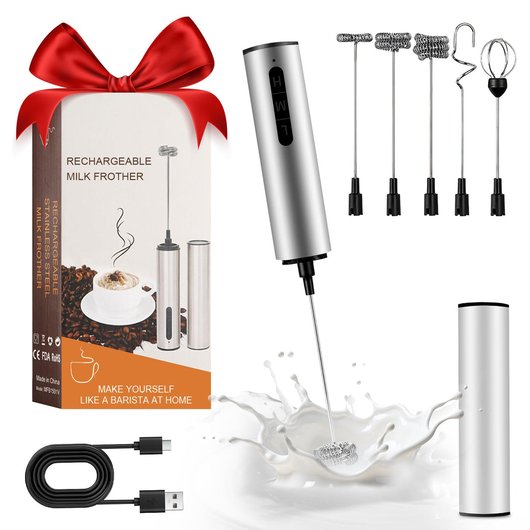 Elektrischer Milchaufschäumer USB Wiederaufladbar, Tragbarer Hand-Milchschäumer aus Edelstahl mit 5
