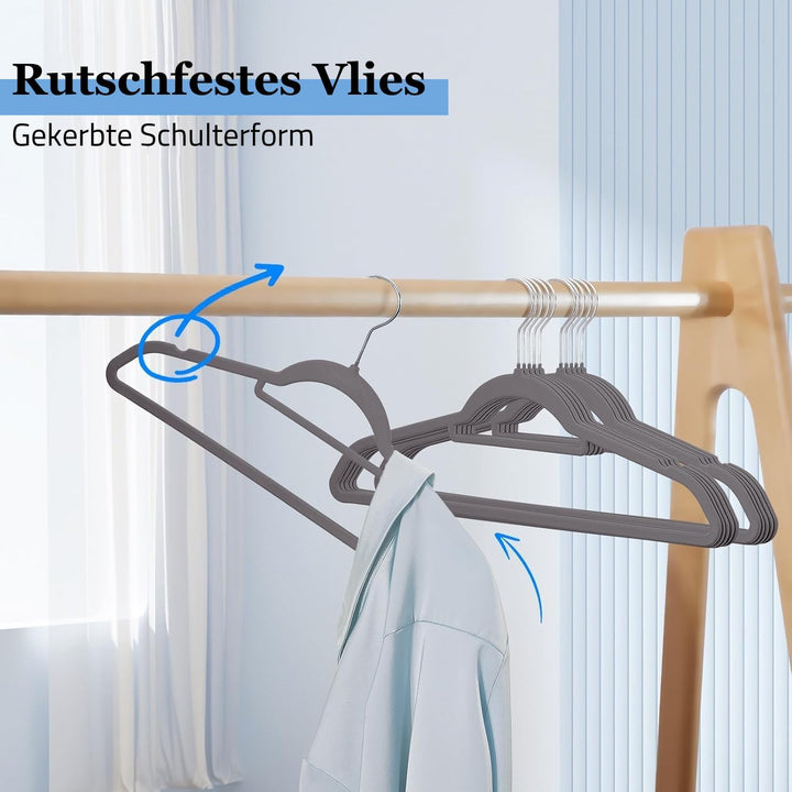 Kleiderbügel Samt 50er Set – Samtbügel grau - rutschfest mit Kunststoffkern, Hosensteg, Kerben & 360