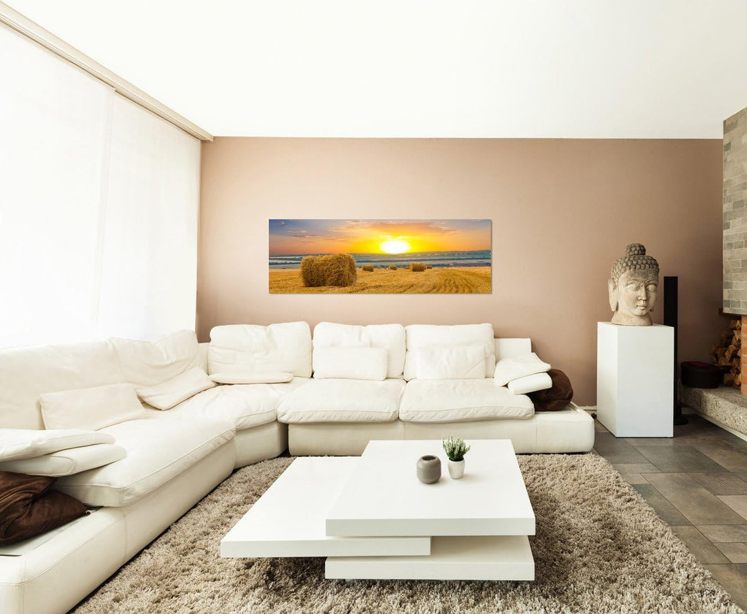 Paul Sinus Art Panoramabild auf Leinwand und Keilrahmen 120x40cm Feld Strohballen Herbst Sonnenunter