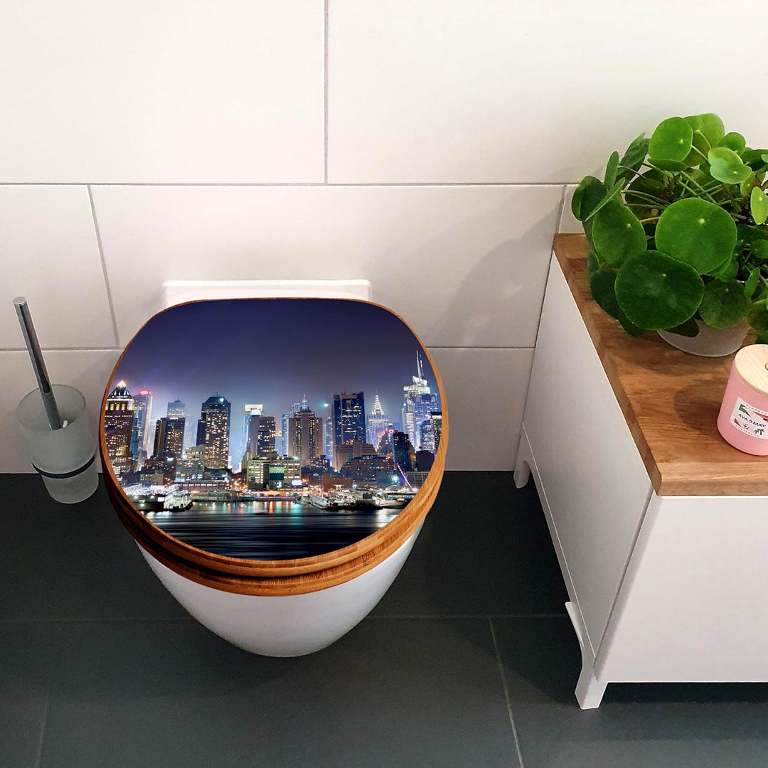 banjado® Design WC Sitz Bambus Absenkautomatik mit Motiv New York/Toilettendeckel mit Absenkautomati