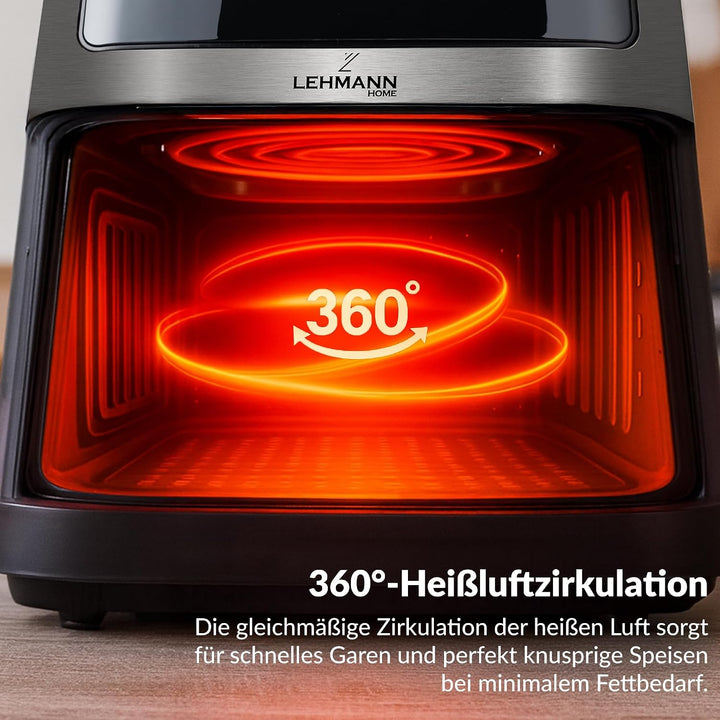 Lehmann Friteuse Heissluft XXL 1800 W, Heissluftfritteuse 8L mit bis zu 10 Programmen, Air Fryer mit