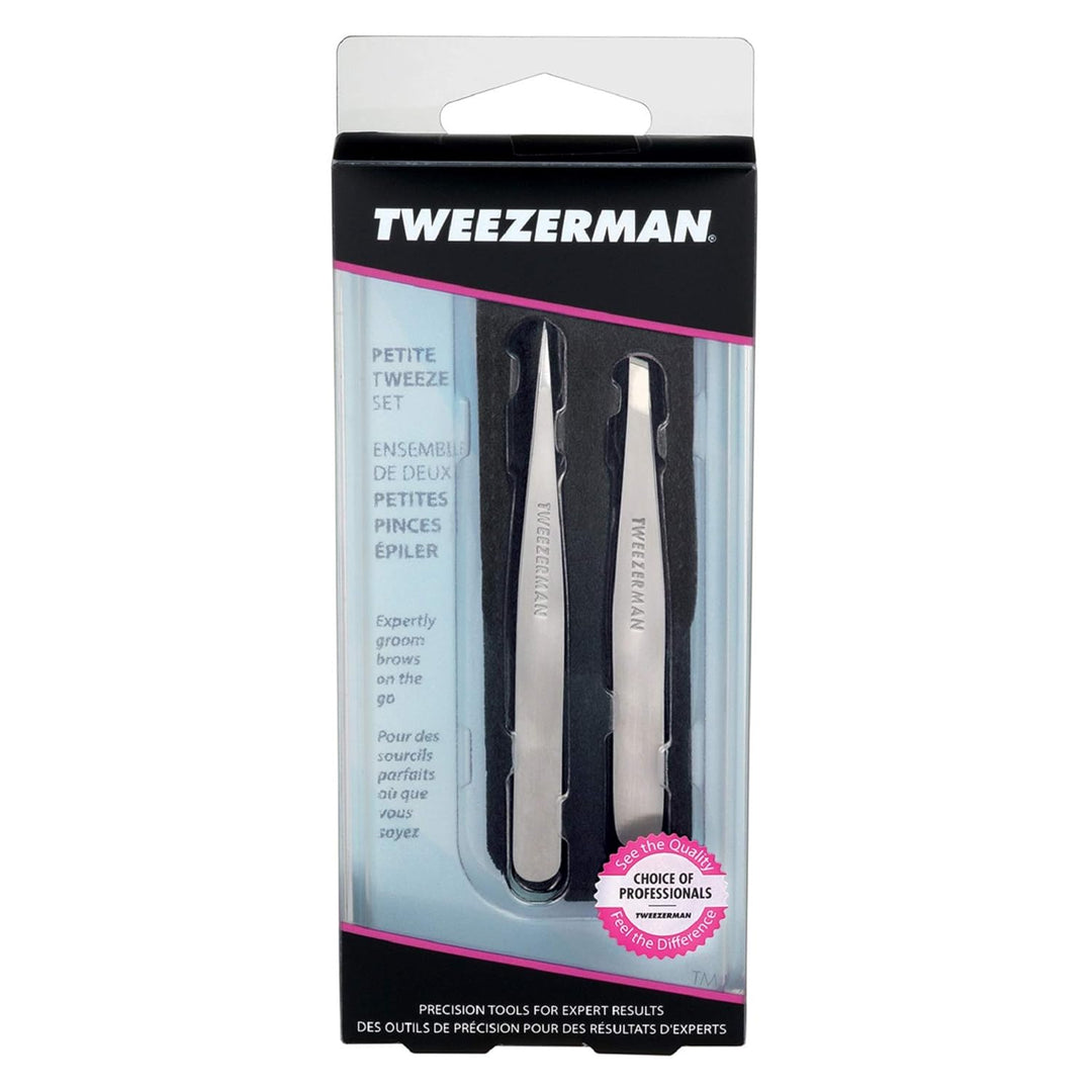 TWEEZERMAN Pinzetten Set mit Leder-Etui aus Rostfreiem Edelstahl, Schräge und Spitze Ausfürhung, Sch