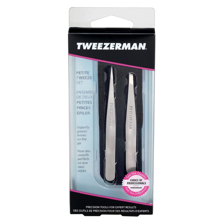 TWEEZERMAN Pinzetten Set mit Leder-Etui aus Rostfreiem Edelstahl, Schräge und Spitze Ausfürhung, Sch