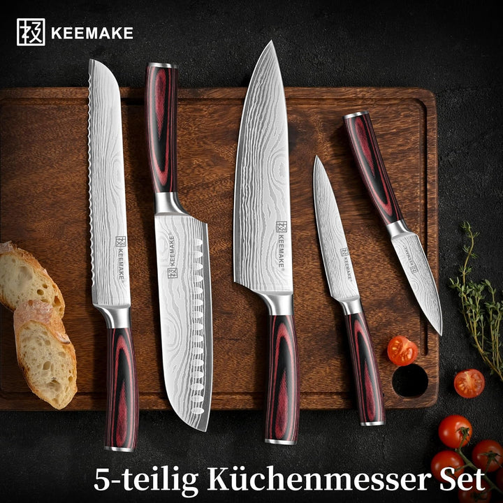 KEEMAKE Küchenmesser Set 5 teilig, Messerset aus Edelstahl mit Profi Brotmesser Kochmesser Santoku M