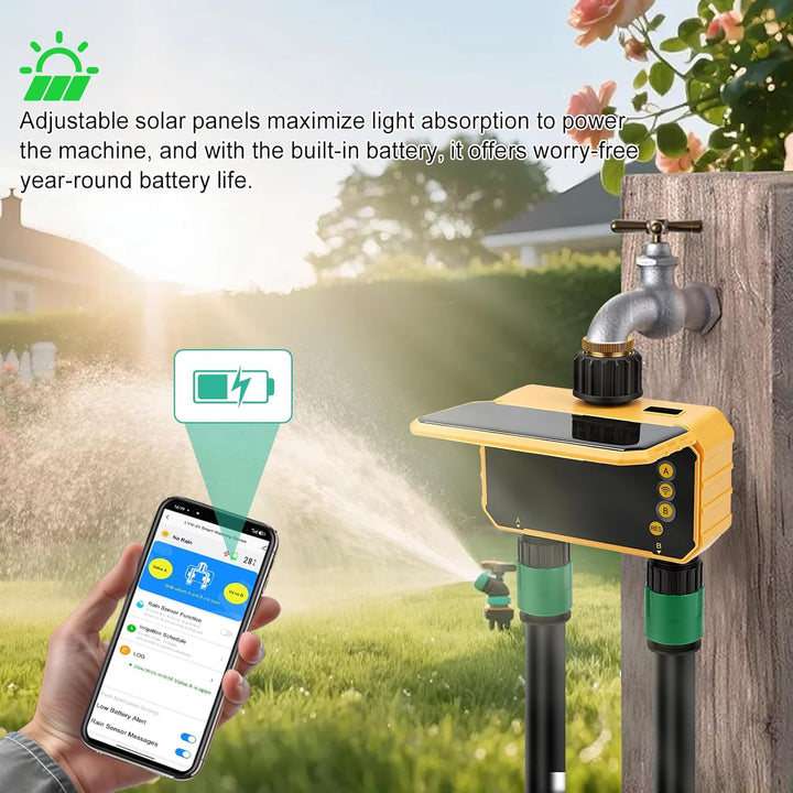 Nikou Solar Bewässerungscomputer WLAN 2 Ausgänge, Automatische Garten Smart Bewässerungsuhr Bewässer
