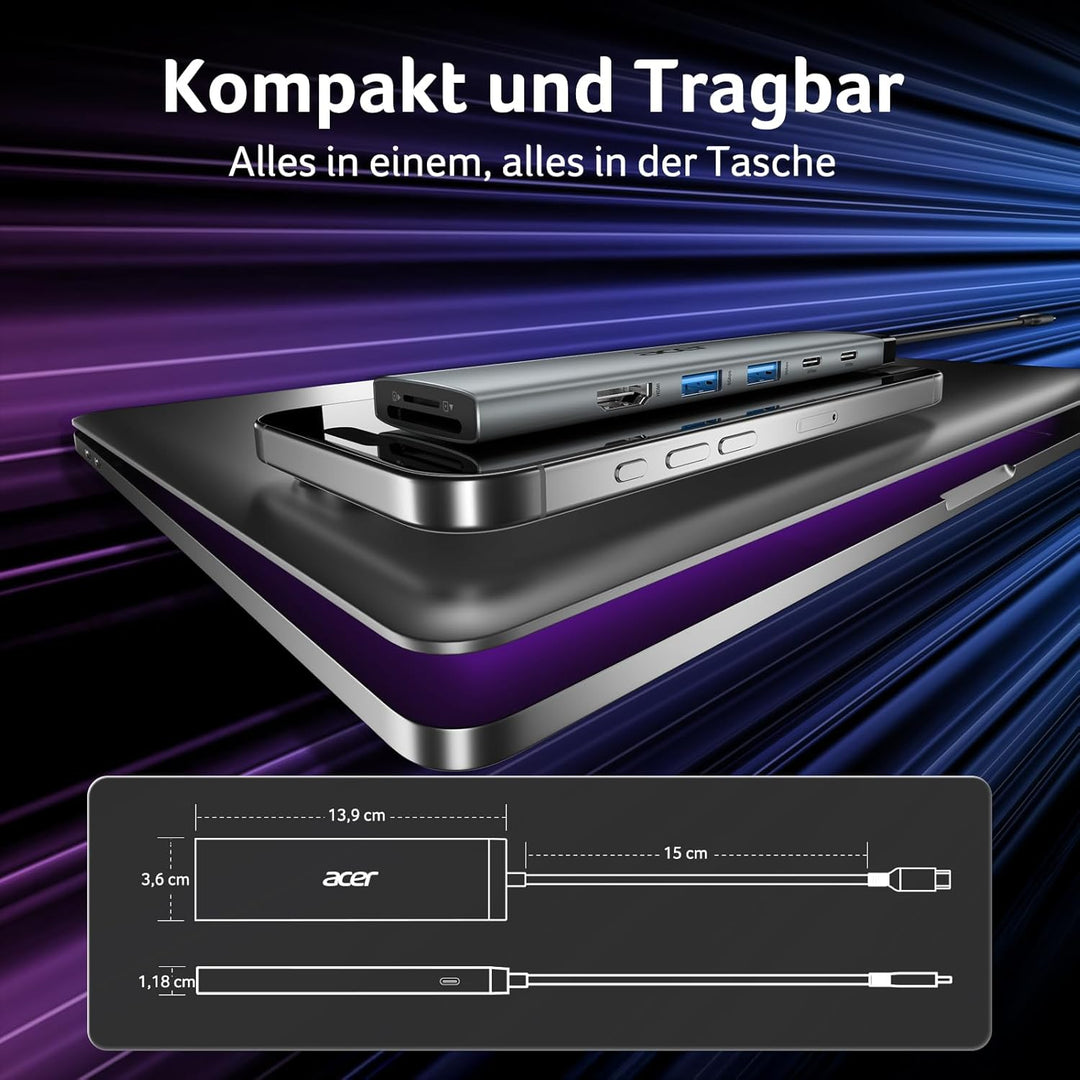 acer 8 in 1 USB C Hub, 10Gbps USB-C auf HDMI Adapter 4K@60Hz, Dockingstation mit 2×USB-C 3.2, 2×USB