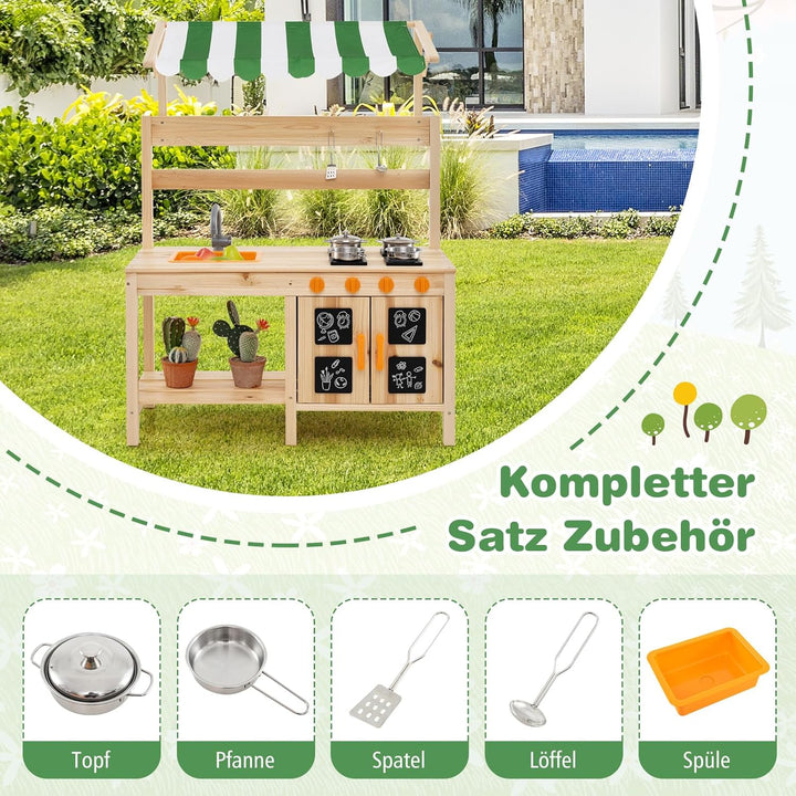COSTWAY Matschküche Kinder Outdoor, Kinderküche Tannenholz mit Überdachung & Abnehmbarer Spüle & 4 K