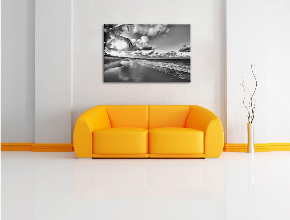 Pixxprint Monocrome, Strand Meer Sonnenuntergang Steine Sand, Format: 100x70 auf Leinwand, XXL riesi