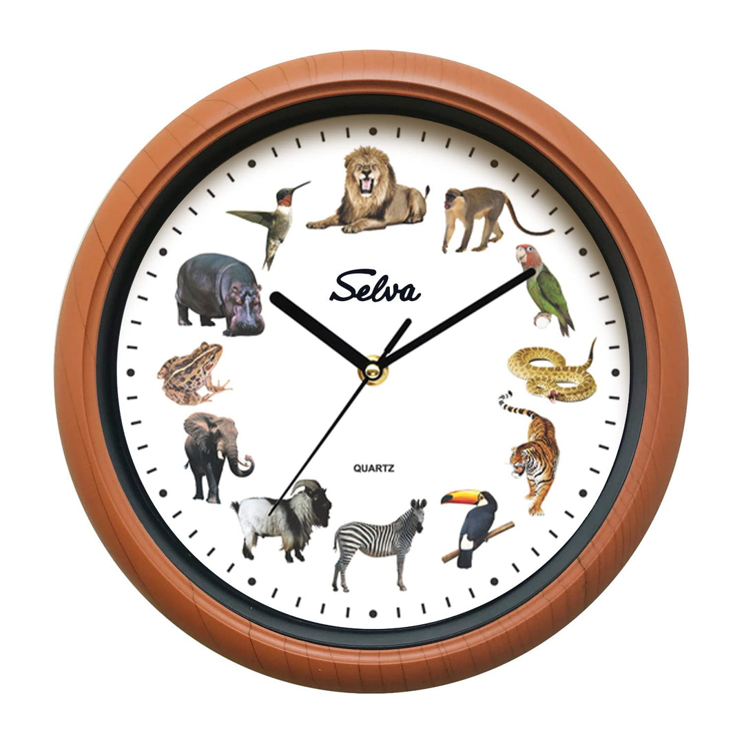 SELVA Tieruhr, Wanduhr, mit Tierlauten zu jeder Stunde und farbenfrohe Illustrationen, Gehäuse aus K