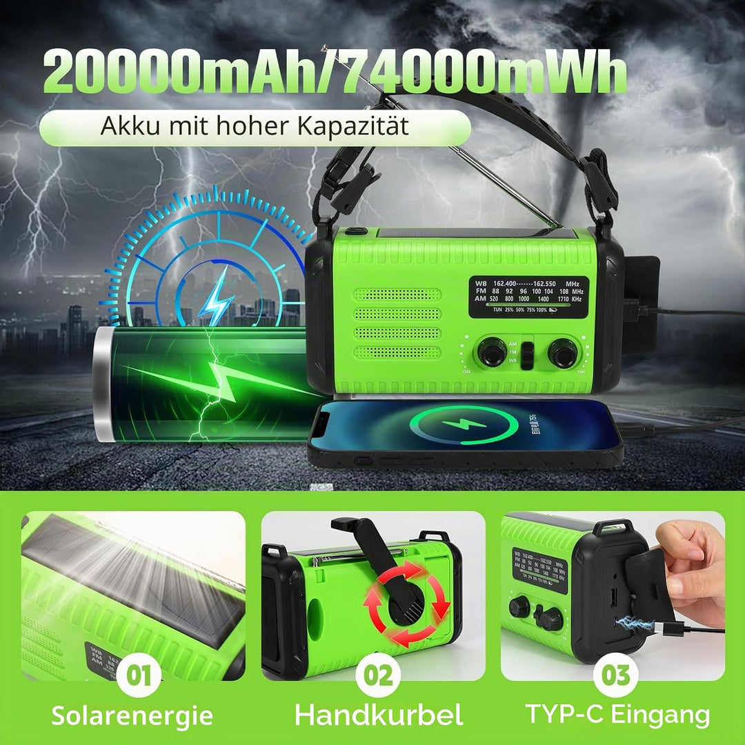 Notfall-Solar-Kurbelradio mit 20.000 mAh, AM/FM NOAA tragbares Wetterradio mit USB-Aufladung, Handy-