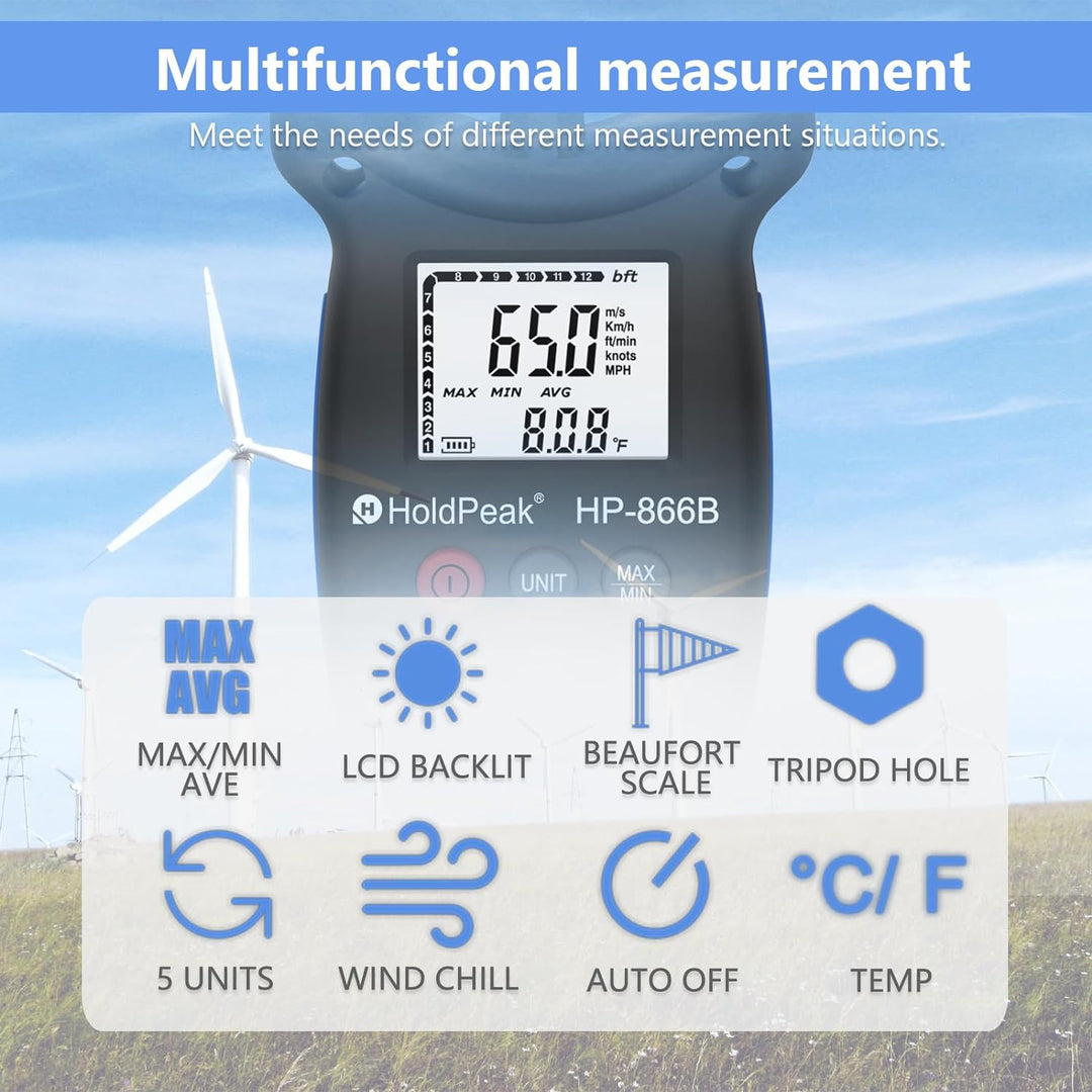 HoldPeak 866b Digitales Anemometer Wind Speed Meter für Measuring Wind Speed, Temperatur und Wind Ch