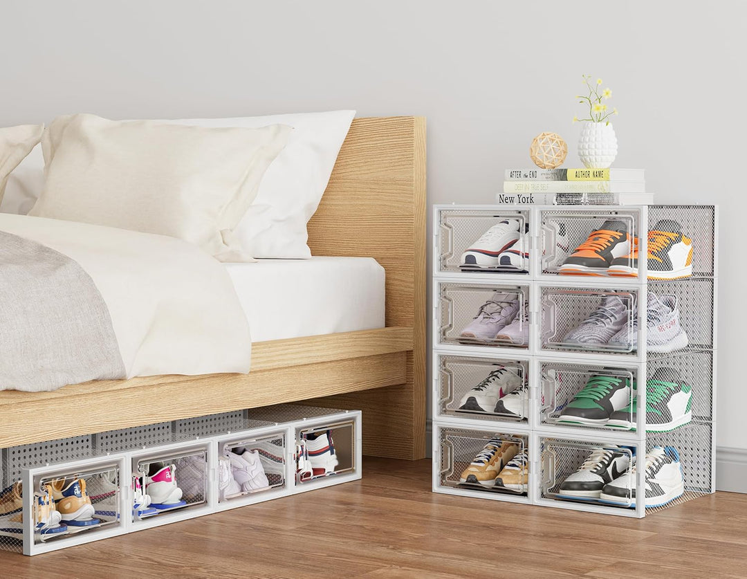 HOMIDEC Schuhboxen, 12er Set Schuhboxen Stapelbar Transparent, Faltbar Schuhorganizer Schuhaufbewahr