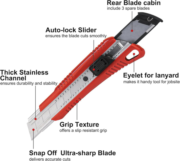 HAUTMEC Cuttermesser 25 mm Profi 4 Stück,Universalmesser mit Auto-Lock & 2 Ersatzklingen, Teppichmes