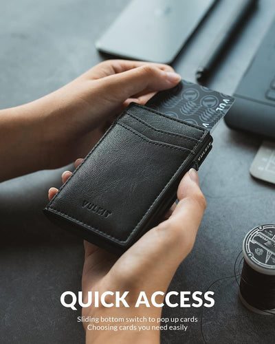 VULKIT Kreditkartenetui Leder Kartenetui RFID Blocking Automatische Pop Up Visitenkartenetui für Kar